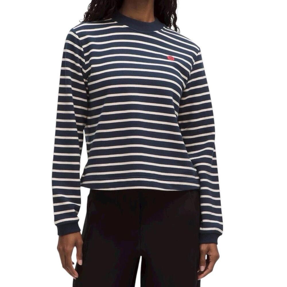 Lululemon Women Medium Cotton French Terry Crewneck Pullover Yachtie Stripe Blue
